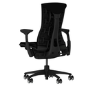 The Embody Chair from Herman Miller with black sync fabric, graphite and graphite frame, and translucent hard floor or carpet casters from the back.