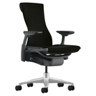 The Embody Chair from Herman Miller with black sync fabric, graphite and titanium frame, and hard floor or carpet casters.