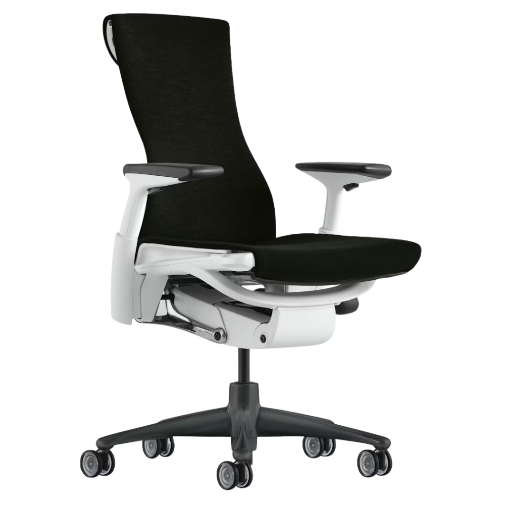 The Embody Chair from Herman Miller with black sync fabric, white and graphite frame, and translucent hard floor or carpet casters.