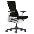 The Embody Chair from Herman Miller with black sync fabric, white and graphite frame, and translucent hard floor or carpet casters.