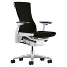 The Embody Chair from Herman Miller with black sync fabric, white and titanium frame, and hard floor or carpet casters.