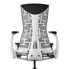 The Embody Chair from Herman Miller with black sync fabric and a white frame from the back.