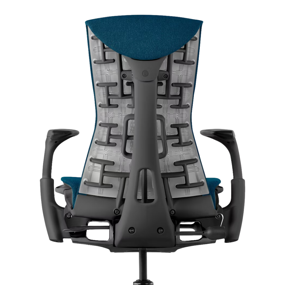 The Embody Chair from Herman Miller with blue grotto medley fabric and a graphite frame from the back.