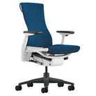 The Embody Chair from Herman Miller with blue grotto medley fabric, white and graphite frame, and hard floor or carpet casters.