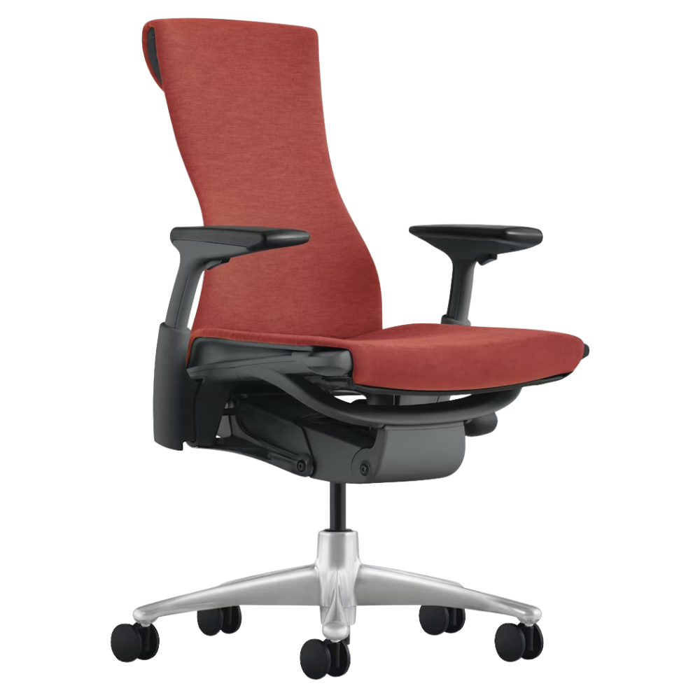 The Embody Chair from Herman Miller with canyon sync fabric, graphite and titanium frame, and hard floor or carpet casters.
