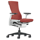 The Embody Chair from Herman Miller with canyon sync fabric, white and graphite frame, and translucent hard floor or carpet casters.