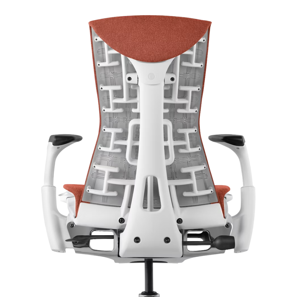The Embody Chair from Herman Miller with canyon sync fabric and a white frame from the back.