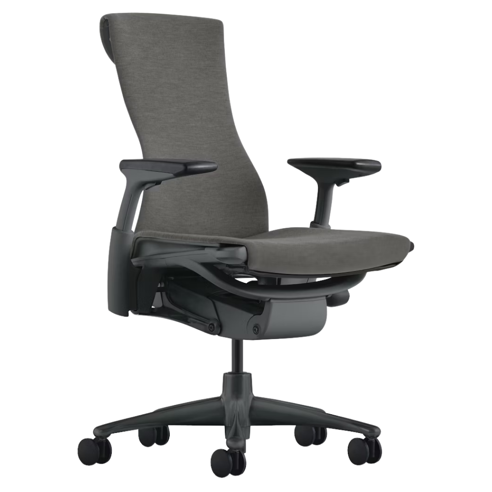 The Embody Chair from Herman Miller with charcoal medley fabric, graphite and graphite frame, and hard floor or carpet casters.