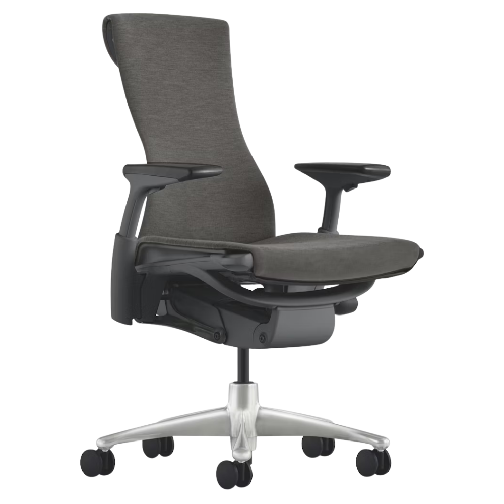 The Embody Chair from Herman Miller with charcoal medley fabric, graphite and titanium frame, and hard floor or carpet casters.