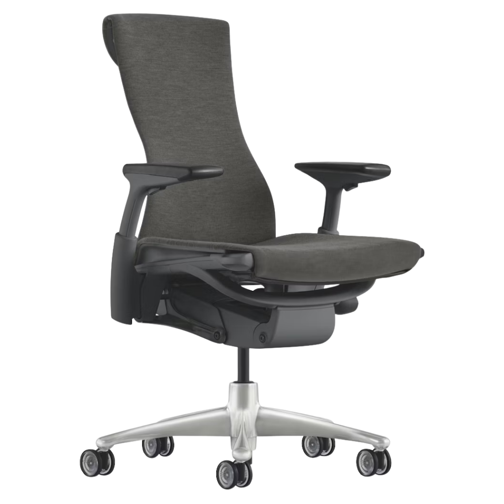 The Embody Chair from Herman Miller with charcoal medley fabric, graphite and titanium frame, and translucent hard floor or carpet casters.
