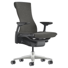 The Embody Chair from Herman Miller with charcoal medley fabric, graphite and titanium frame, and translucent hard floor or carpet casters.