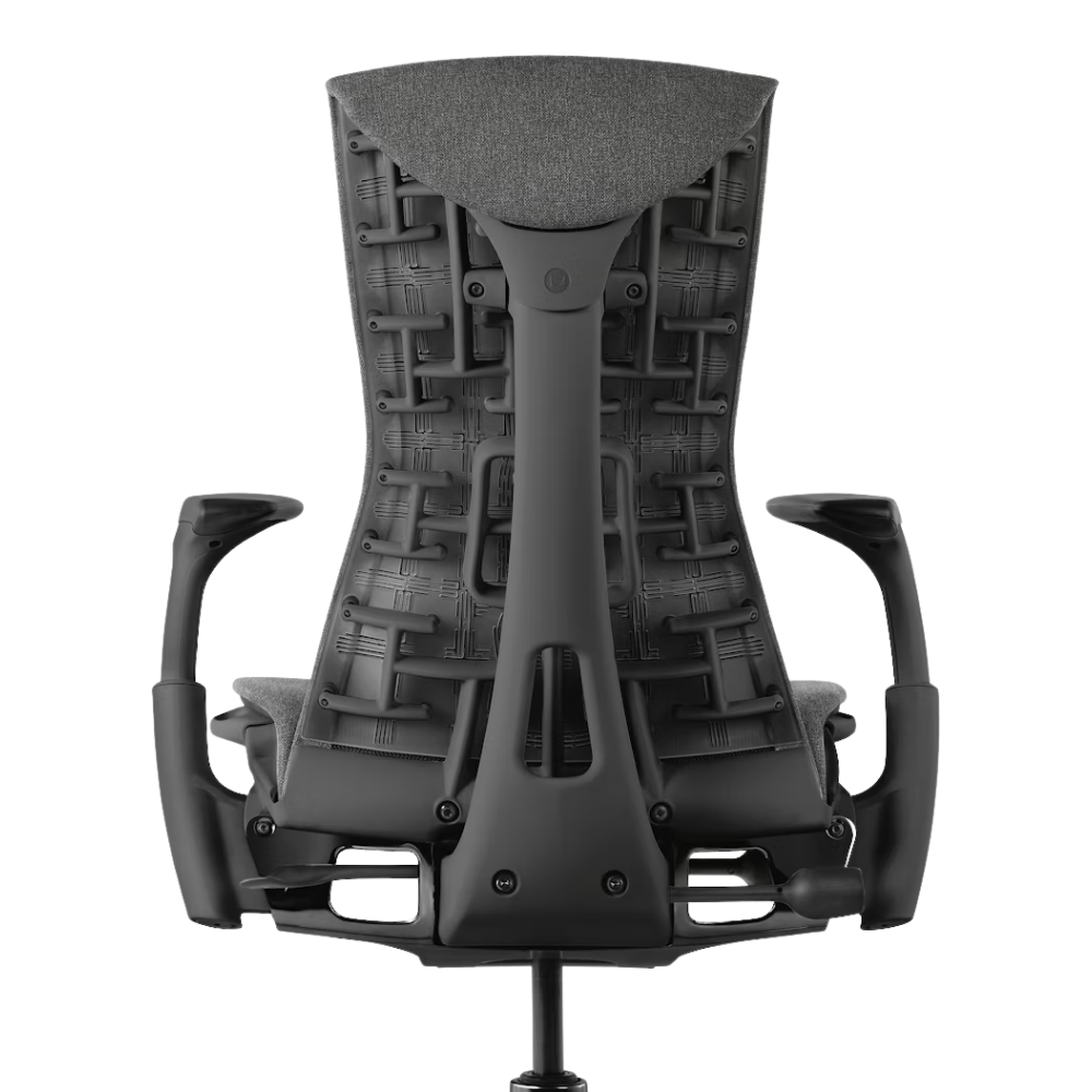 The Embody Chair from Herman Miller with charcoal medley fabric and a graphite frame from the back.