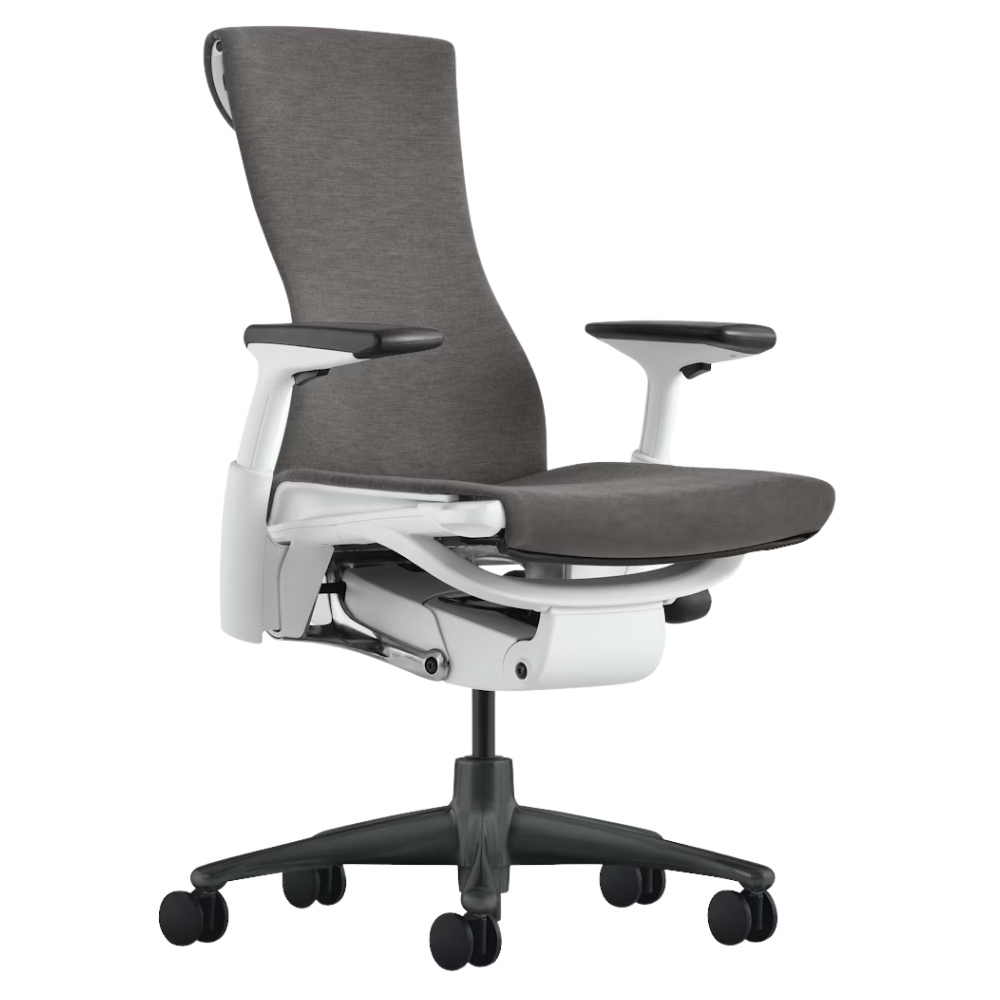 The Embody Chair from Herman Miller with charcoal medley fabric, white and graphite frame, and hard floor or carpet casters.
