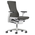 The Embody Chair from Herman Miller with charcoal medley fabric, white and titanium frame, and translucent hard floor or carpet casters.
