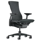 The Embody Chair from Herman Miller with dark carbon sync fabric, graphite and graphite frame, and translucent hard floor or carpet casters.