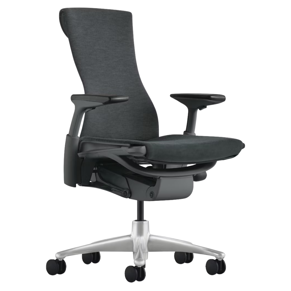 The Embody Chair from Herman Miller with dark carbon sync fabric, graphite and titanium frame, and hard floor or carpet casters.