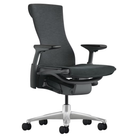 The Embody Chair from Herman Miller with dark carbon sync fabric, graphite and titanium frame, and hard floor or carpet casters.