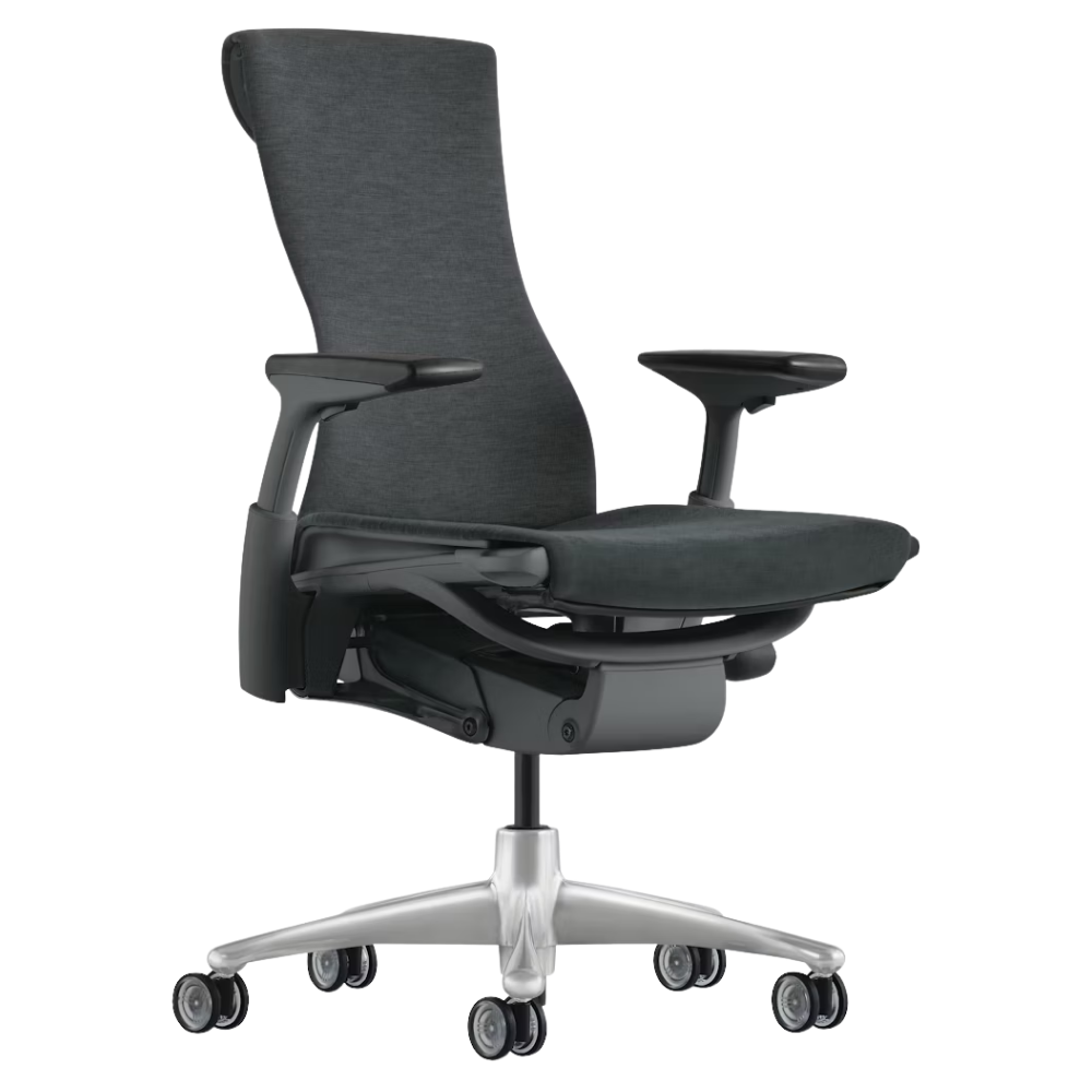 The Embody Chair from Herman Miller with dark carbon sync fabric, graphite and titanium frame, and translucent hard floor or carpet casters.