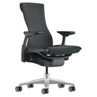 The Embody Chair from Herman Miller with dark carbon sync fabric, graphite and titanium frame, and translucent hard floor or carpet casters.