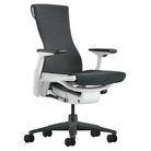 The Embody Chair from Herman Miller with dark carbon sync fabric, white and graphite frame, and hard floor or carpet casters.
