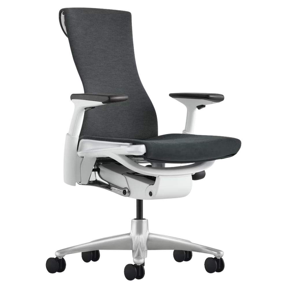 The Embody Chair from Herman Miller with dark carbon sync fabric, white and titanium frame, and hard floor or carpet casters.