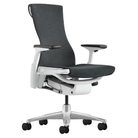 The Embody Chair from Herman Miller with dark carbon sync fabric, white and titanium frame, and hard floor or carpet casters.