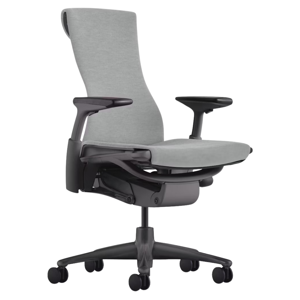 The Embody Chair from Herman Miller with dark mineral sync fabric, graphite and graphite frame, and hard floor or carpet casters.