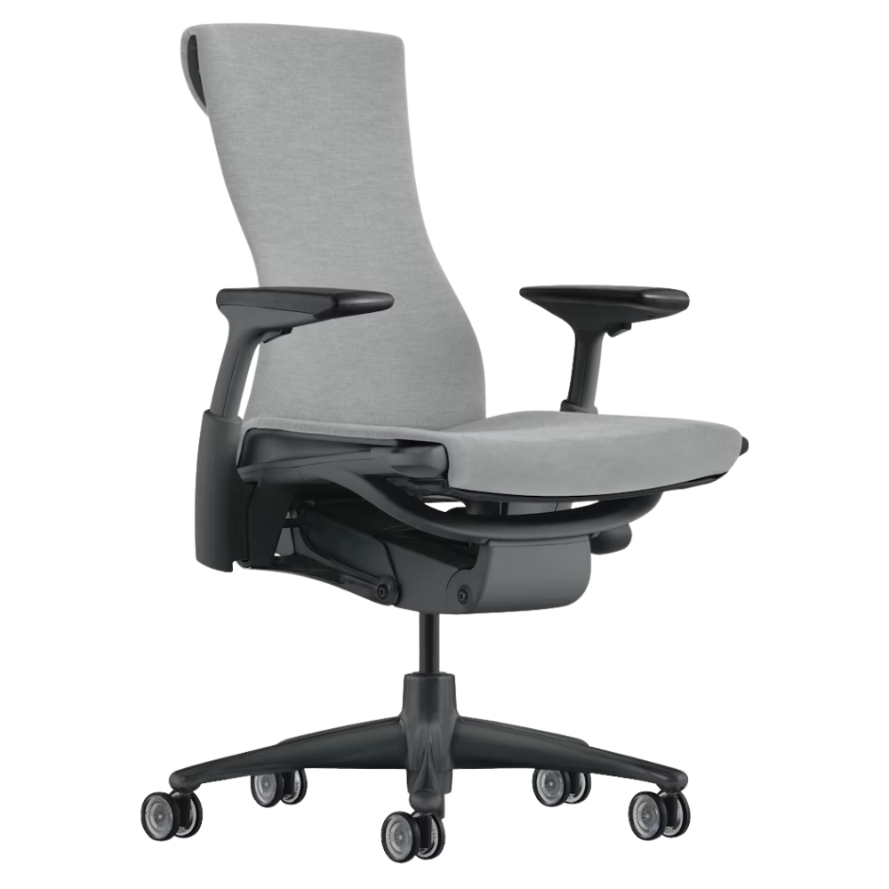 The Embody Chair from Herman Miller with dark mineral sync fabric, graphite and graphite frame, and translucent hard floor or carpet casters.