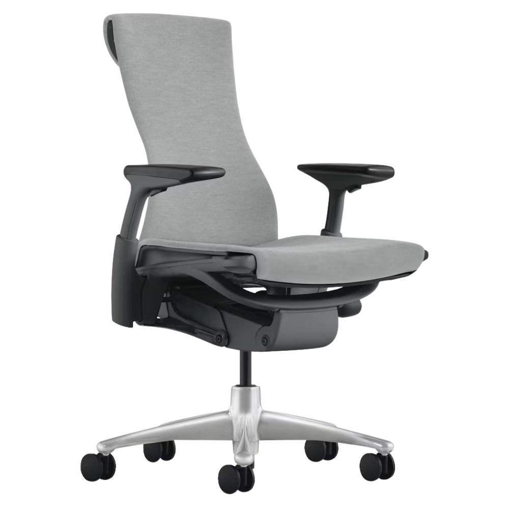 The Embody Chair from Herman Miller with dark mineral sync fabric, graphite and titanium frame, and hard floor or carpet casters.