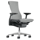 The Embody Chair from Herman Miller with dark mineral sync fabric, graphite and titanium frame, and translucent hard floor or carpet casters.