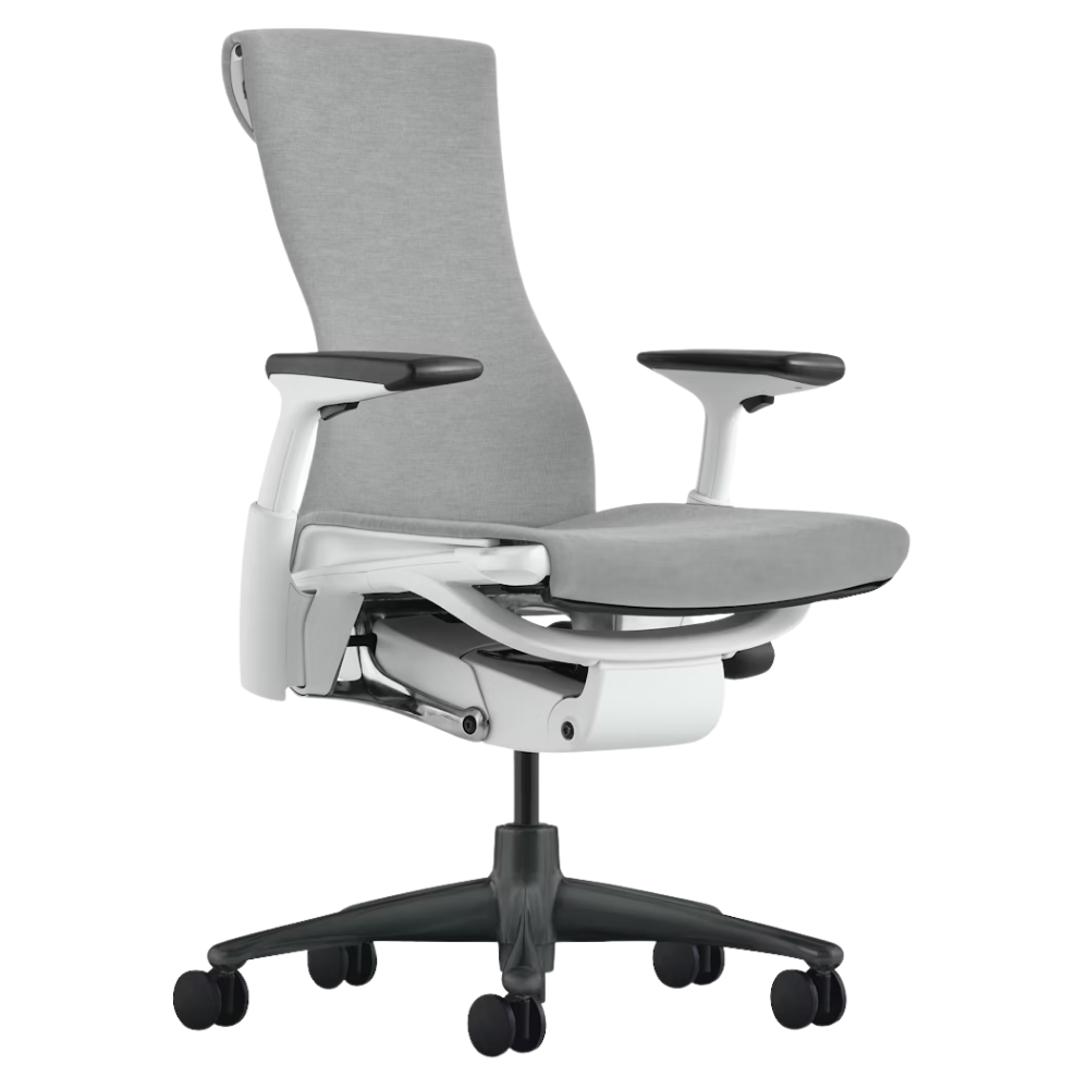 The Embody Chair from Herman Miller with dark mineral sync fabric, white and graphite frame, and hard floor or carpet casters.