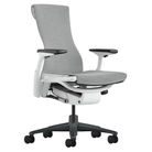 The Embody Chair from Herman Miller with dark mineral sync fabric, white and graphite frame, and hard floor or carpet casters.