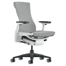 The Embody Chair from Herman Miller with dark mineral sync fabric, white and graphite frame, and translucent hard floor or carpet casters.