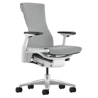 The Embody Chair from Herman Miller with dark mineral sync fabric, white and titanium frame, and hard floor or carpet casters.