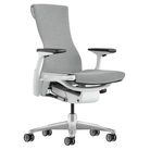 The Embody Chair from Herman Miller with dark mineral sync fabric, white and titanium frame, and translucent hard floor or carpet casters.