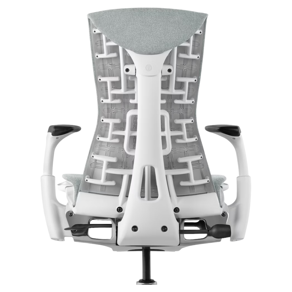 The Embody Chair from Herman Miller with dark mineral sync fabric and a white frame from the back.