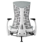 The Embody Chair from Herman Miller with dark mineral sync fabric and a white frame from the back.