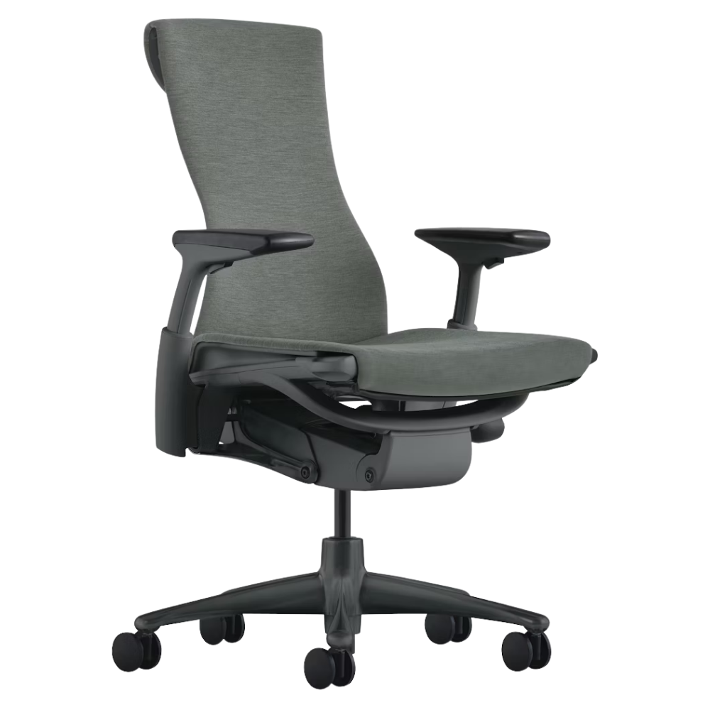 The Embody Chair from Herman Miller with feather grey medley fabric, graphite and graphite frame, and hard floor or carpet casters.