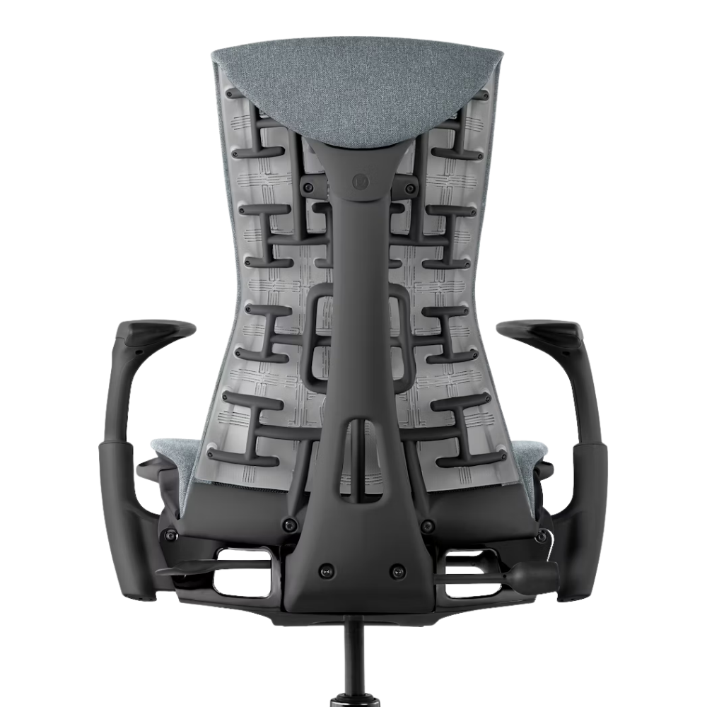 The Embody Chair from Herman Miller with feather grey medley fabric and a graphite frame from the back.