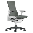 The Embody Chair from Herman Miller with feather grey medley fabric, white and graphite frame, and translucent hard floor or carpet casters.
