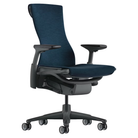 The Embody Chair from Herman Miller with nightfall sync fabric, graphite and graphite frame, and translucent hard floor or carpet casters.