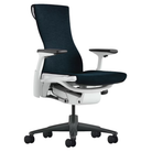 The Embody Chair from Herman Miller with nightfall sync fabric, white and graphite frame, and hard floor or carpet casters.