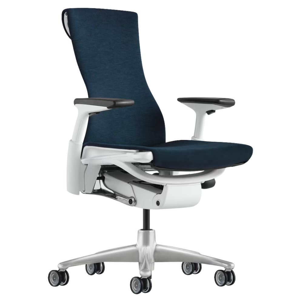 The Embody Chair from Herman Miller with nightfall sync fabric, white and titanium frame, and translucent hard floor or carpet casters.