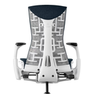 The Embody Chair from Herman Miller with nightfall sync fabric and a white frame from the back.