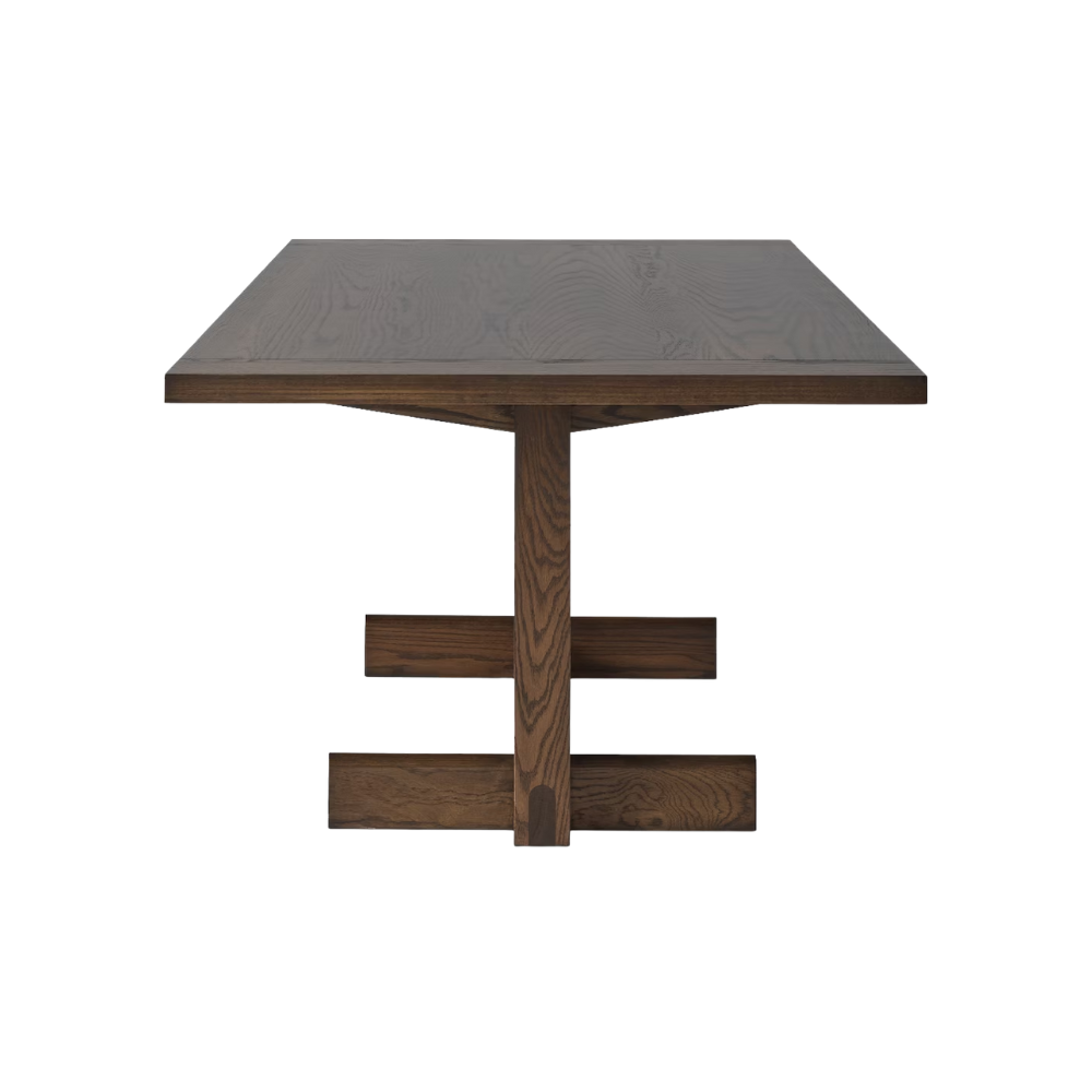 The 75 inch umber on oak Land Dining Table from Herman Miller from the side.