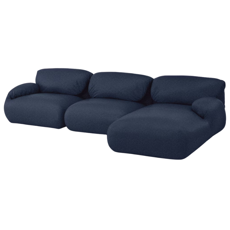 The right Luva Modular Three Seater Sectional from Herman Miller in Heathered Twilight Cozy upholstery.