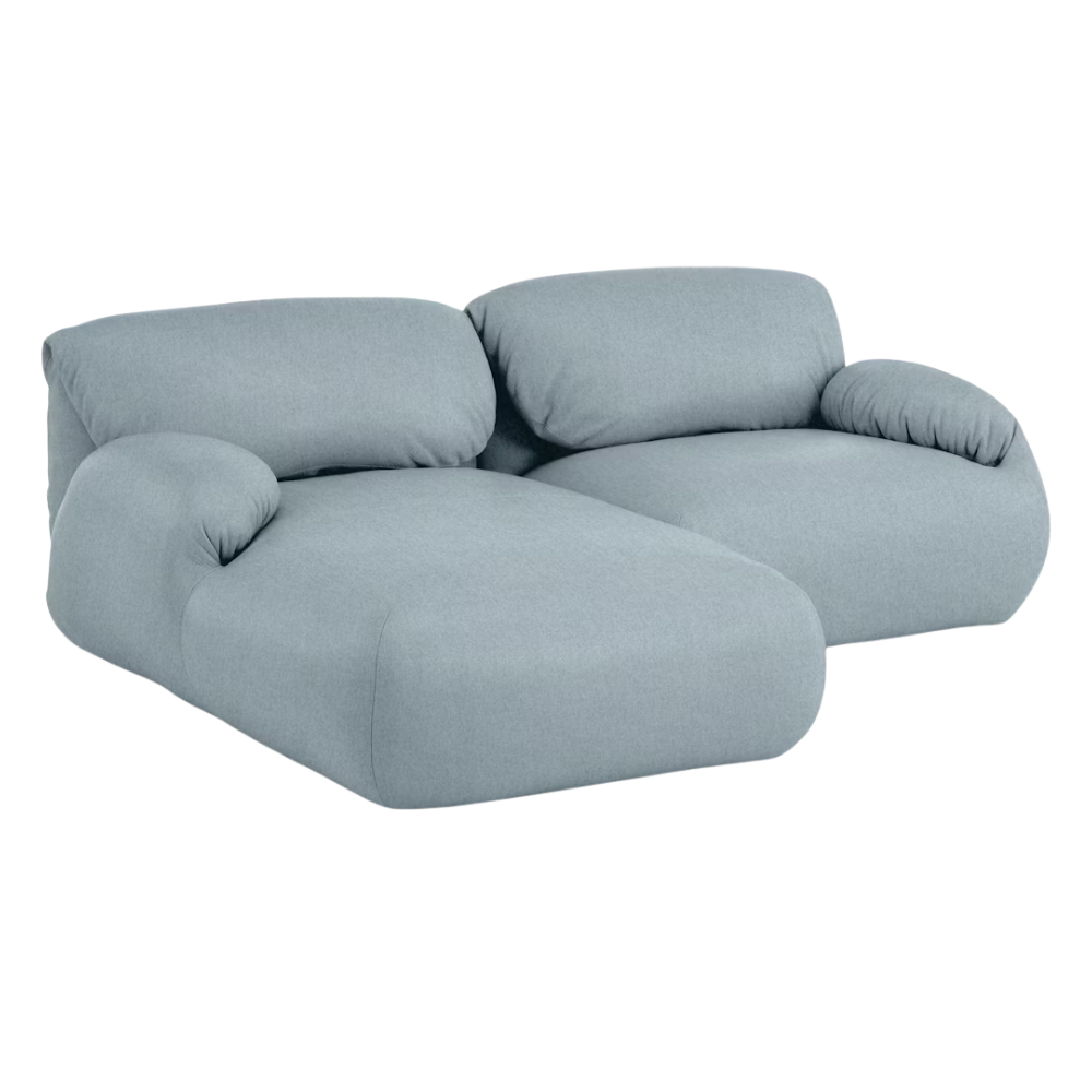 The left Luva Modular Two Seater Sectional from Herman Miller with heathered blue grey cozy upholstery.