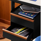 The Mode Desk from Herman Miller being used as storage with the photograph focusing on the drawers.