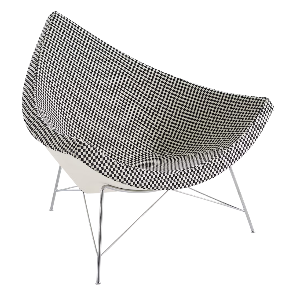 The Nelson Coconut Chair from Herman Miller with the black and white checker upholstery and chrome base.