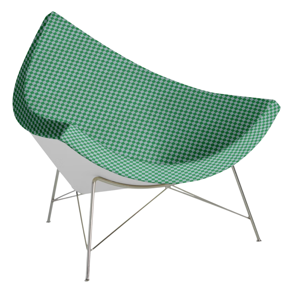 The Nelson Coconut Chair from Herman Miller with the blue gray and emerald checker upholstery and chrome base.
